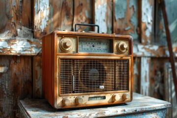 Poster - Vintage radio sitting on a wooden table with a retro vibe
