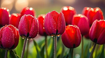 Wall Mural - Close-up of dew-covered water drops on vibrant red tulip flowers, capturing the beauty of these flowers in the soft morning light, perfect for a floral art concept background.