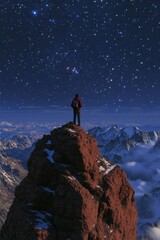 Wall Mural - Man on mountain peak gazing at stars