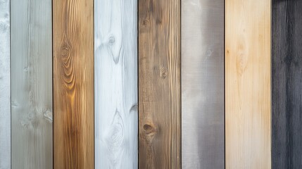 Wall Mural - Variety of wooden planks displayed in a vertical array, showcasing diverse textures and tones.