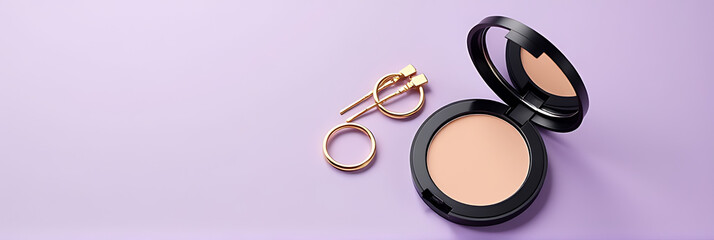 Poster - A vertical top view photo shows a makeup compact with gold rings and two hairpins set against an isolated lilac colored background._00001_