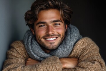Poster - A smiling man wears a scarf and sweater outdoors