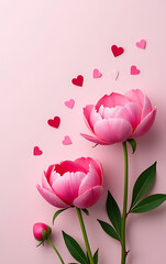 Aufkleber - A top view photo of peonies and buds with confetti hearts on a pastel pink background features the flowers in a minimalist style._00001_