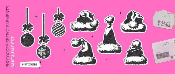 Photocopy effect. Vintage vector design of a holiday set with santa hats and ornaments.