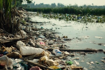 Poster - A river filled with trash near a forest, highlighting environmental pollution