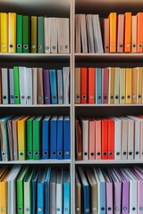 Poster - A bookshelf filled with variously colored binders, suitable for academic or organizational purposes