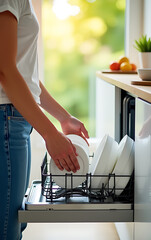 Aufkleber - A person loads clean white dishes into a dishwasher in a sunny modern kitchen with plenty of natural light._00001_