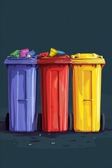 Poster - Three colorful trash cans sitting together on a flat surface