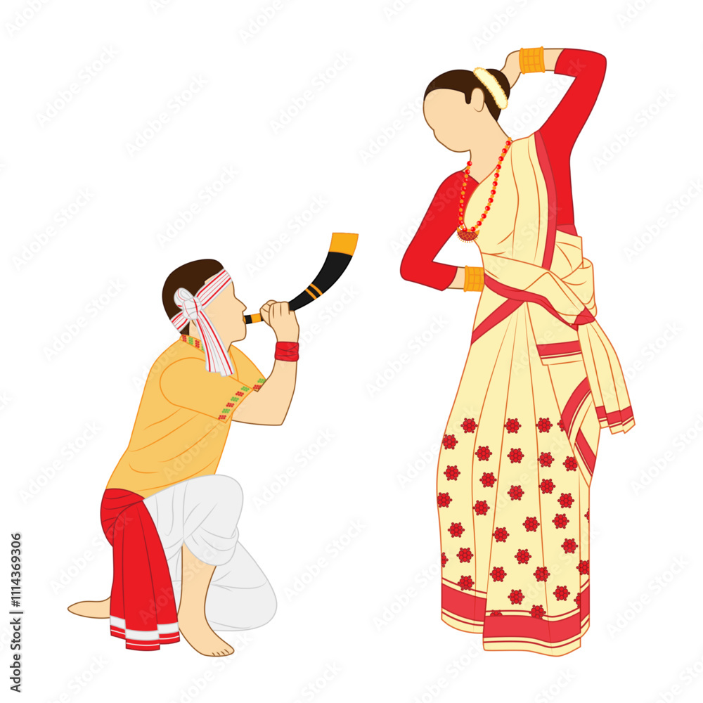Vector illustration of Assamese couple in traditional clothes on ...