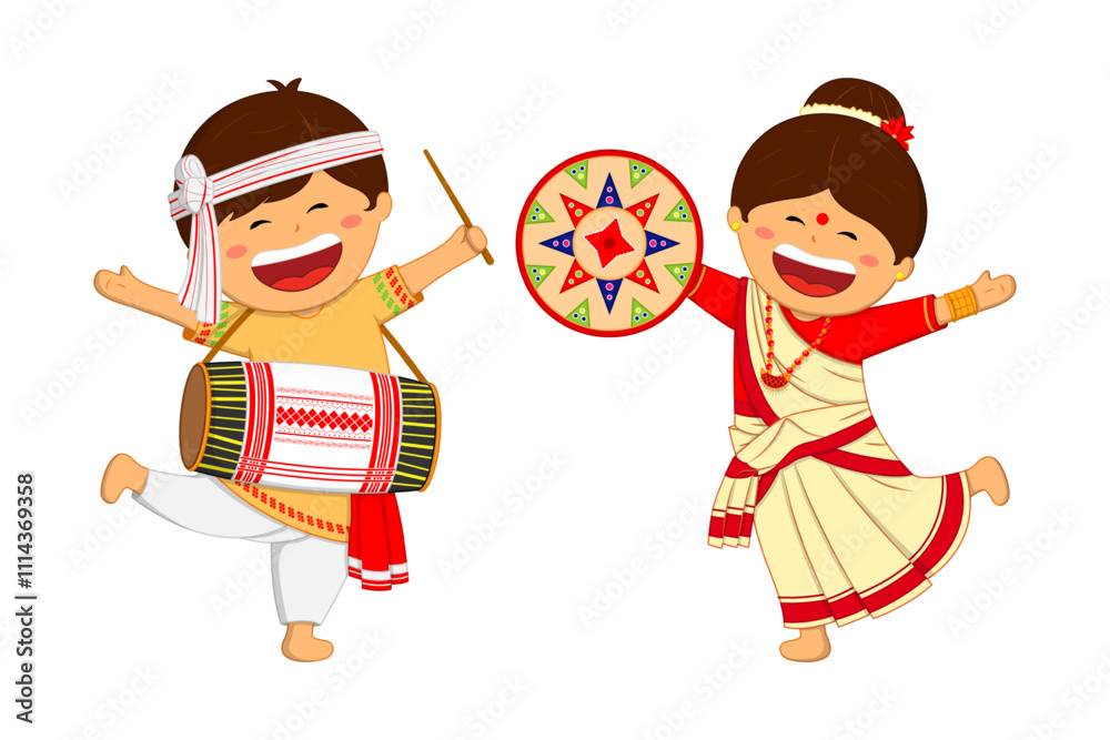 Vector illustration of Assamese couple in traditional clothes on ...