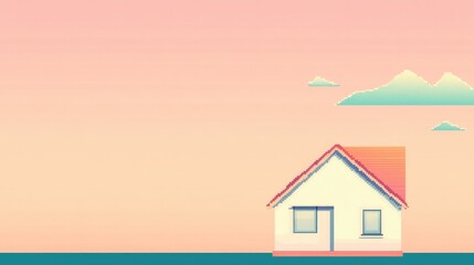 Wall Mural - A simple, minimalist pixel art composition of a single house with geometric shapes against a pastel-colored backdrop