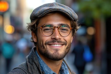 Aufkleber - A happy man wearing glasses and a hat smiling directly into the camera