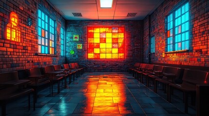 Poster - Vibrant Waiting Room with Abstract Light Patterns and Colorful Window Design Reflecting in a Modern Interior Space