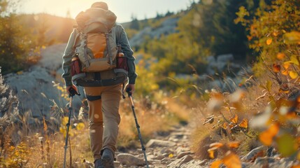 Aufkleber - A person hiking with a backpack and trek poles, walking down a mountain trail