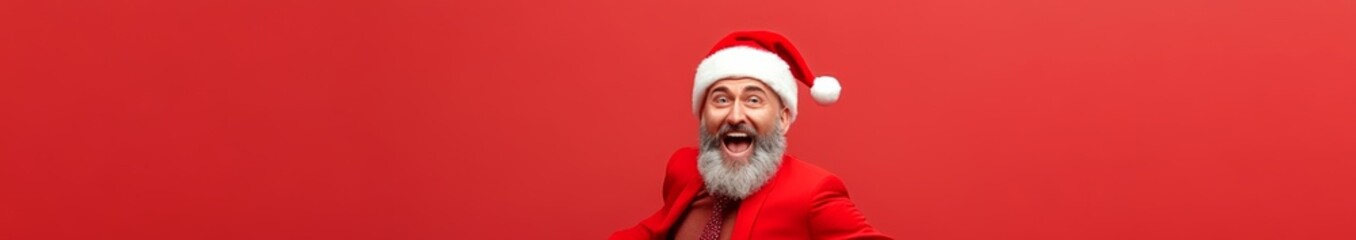 Wall Mural - Man in a red Santa hat is smiling and looking at the camera. The image has a festive and joyful mood, as it is likely a Christmas-themed photo