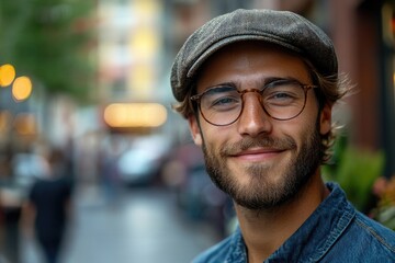 Aufkleber - A man wearing glasses and a hat walks down the city street