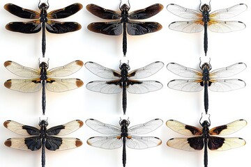 Poster - A group of dragonflies sit atop a white surface, showcasing their iridescent bodies and delicate wings