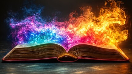 Poster - Enchanting Open Book with Colorful Flames and Magical Smoke Creating a Mystical Aura of Wonder and Imagination for Dreamy Scenarios and Creative Projects