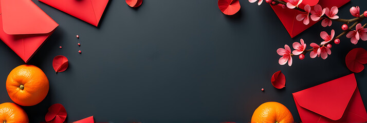 Aufkleber - A festive vertical flat lay features red envelopes, fresh oranges, and cherry blossoms on a dark background capturing traditional elements and joy._00001_