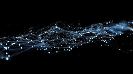 Fototapete - Abstract digital wave of glowing particles and lines on black background.