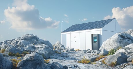 Aufkleber - Technology concept. New renewable energy generation. Modern, aesthetic, and efficient dark solar panels. Modular battery energy storage in warm tones.