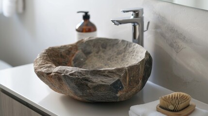Poster - A decorative stone bowl sitting on a bathroom countertop