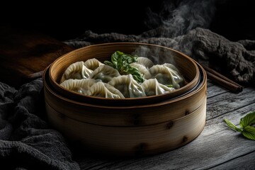 Poster - A wooden bowl filled with dumplings, perfect for a casual dinner or snack