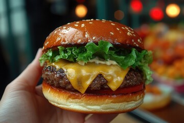 Aufkleber - A person grasping a hamburger with melted cheese and crisp lettuce, ready to take a bite
