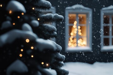 Poster - A lit Christmas tree in front of a window, perfect for holiday decor or editorial use