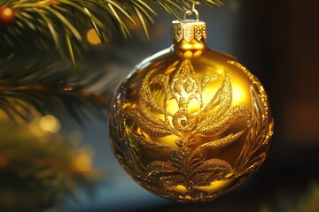 Poster - A golden Christmas ornament hangs from a decorated Christmas tree