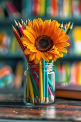 Poster - A colorful pencil case filled with vibrant hues, accompanied by a bright sunflower