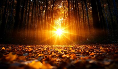 Poster - Autumn scenery. Fall vista. Trees and leaves illuminated by sunbeams.