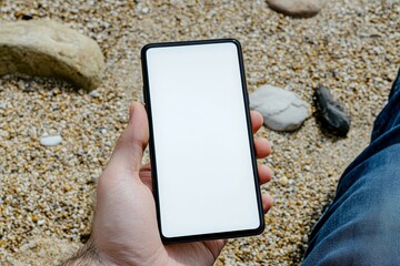 Poster - Sitting on a beach chair, a hand holds a black mobile phone with a blank desktop screen