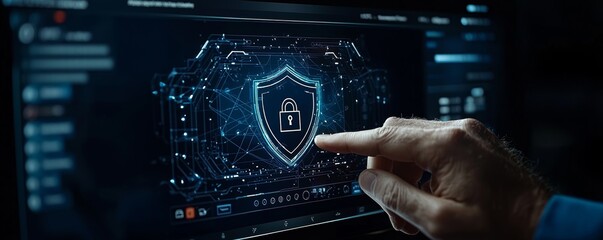 Aufkleber - A businessman using a smartphone and laptop to work on internet security, focusing on firewall protection, data encryption, and safeguarding personal user information.