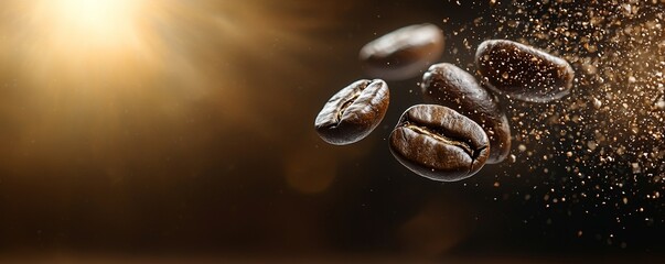 Poster - A close-up of brown roasted coffee beans on a dark background.