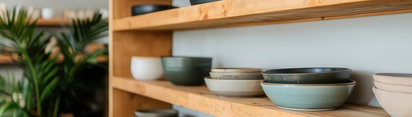 Wall Mural - A collection of ceramic bowls displayed on a wooden shelf, set in a bright, modern space with greenery in the background.