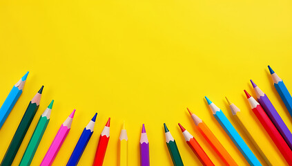 Poster - A charming assortment of colorful school supplies set against an isolated yellow background ideal for adding text or ads._00001_