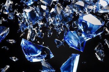 Poster - Shattered blue glass shards falling on black background.