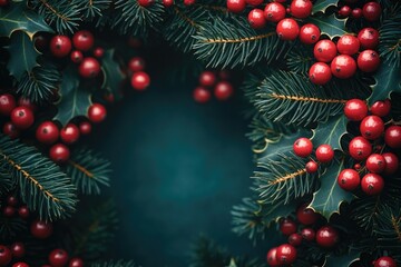 Aufkleber - A festive Christmas decoration with red berries and green leaves