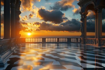 Poster - Cozy moment on a seaside balcony as the sun sets over the ocean
