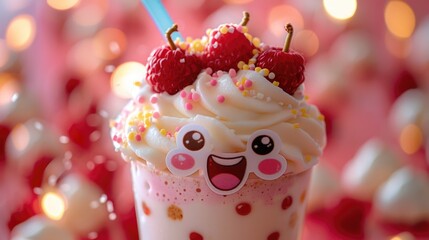 Poster - A colorful milkshake with whipped cream, fresh strawberries, and colorful sprinkles
