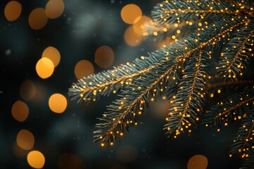 Poster - A close-up shot of a pine tree illuminated by lights in the background, perfect for winter or holiday scenes