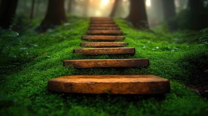 Poster - A set of wooden steps leading through dense forest, perfect for outdoor adventures and nature photography