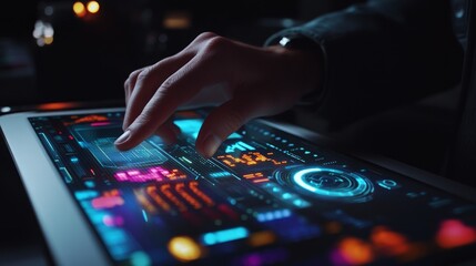 Close-up hand using futuristic tablet with glowing interface.