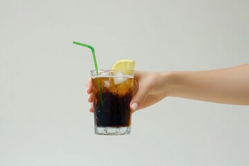 Poster - A person holding a glass of soda with a lime slice, perfect for summer or casual gatherings