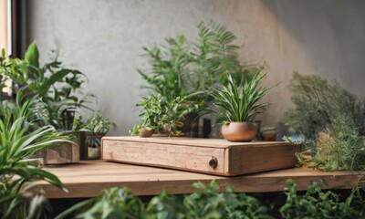 Wooden Plant Stand with Greenery: A rustic wooden plant stand displays a variety of lush green plants, creating a tranquil and natural scene.  The warm tones of the wood complement the vibrant greens.