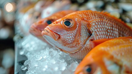 Wall Mural - Group of fish siting on top of a pile of ice, cold winter scene