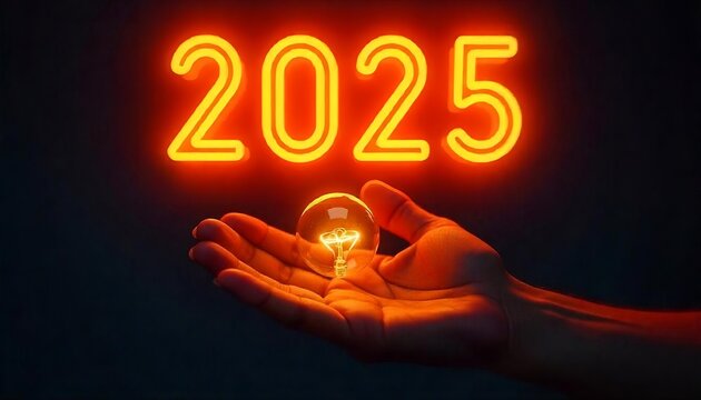 2025 Happy New Year, A hand holding a glowing light bulb against a dark background with the numbers 2025 displayed, celebration, template, banner, poster, generative ai