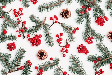 Sticker - Close-up of pine cones and red berries on a white background, ideal for winter or nature-themed designs