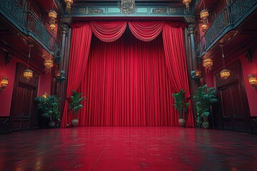 Poster - A cozy room with a bright red curtain and matching floor, perfect for a dramatic backdrop or intimate setting